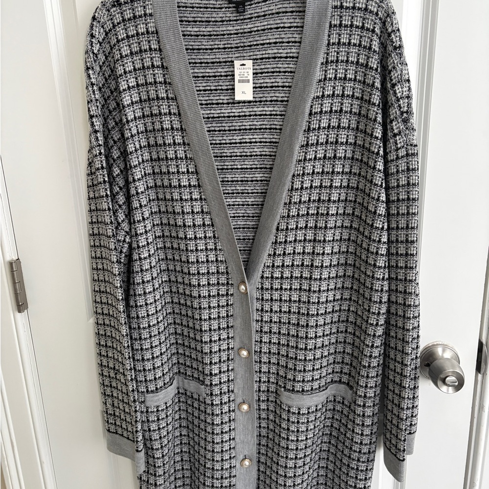 Talbots Long Black and White Tweed Cardigan, pearl buttons, NWT, XL
